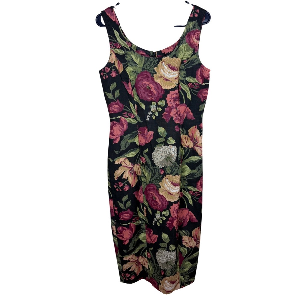 Vintage Rampage Floral Midi Dress Sleeveless Black Pink Rose 90s Made in USA 9